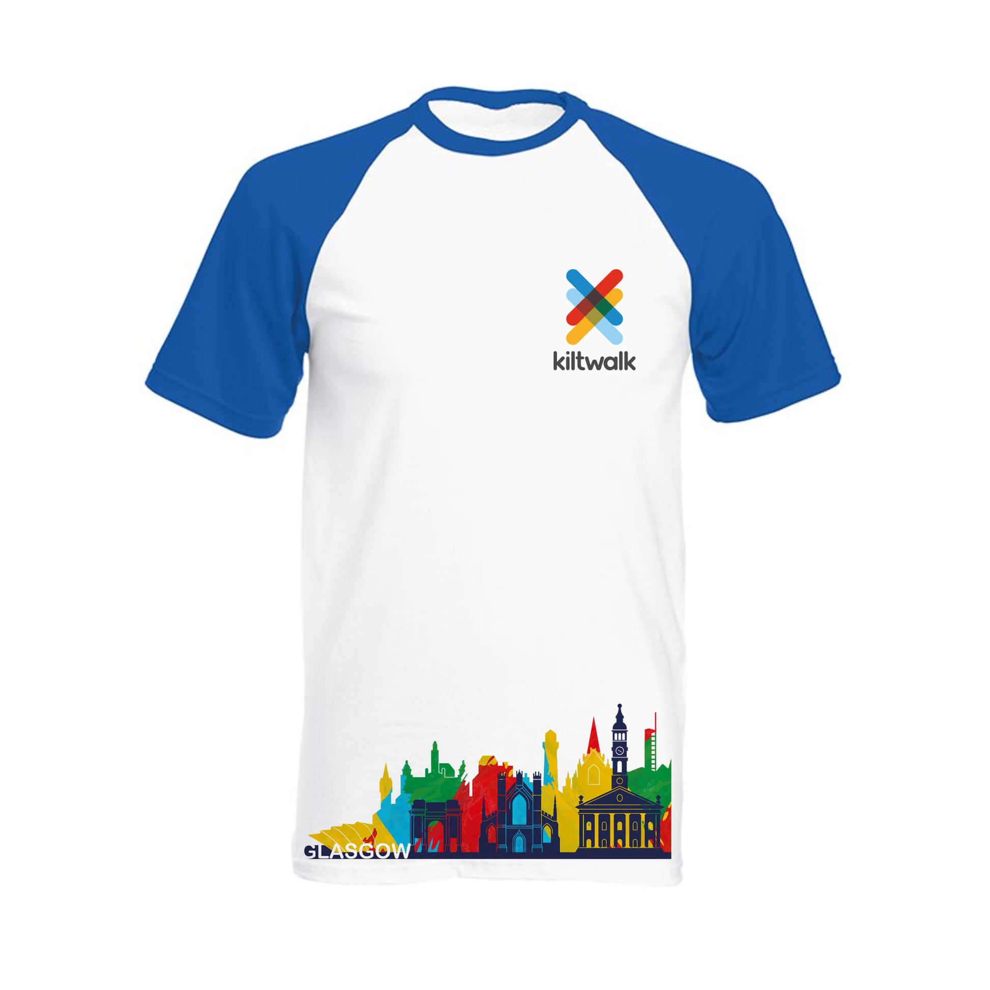 Glasgow Cityscape Baseball T-Shirt | White/Blue | The Kiltwalk