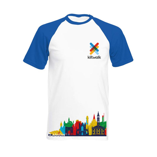 Glasgow Cityscape Baseball T-Shirt | White/Blue | The Kiltwalk