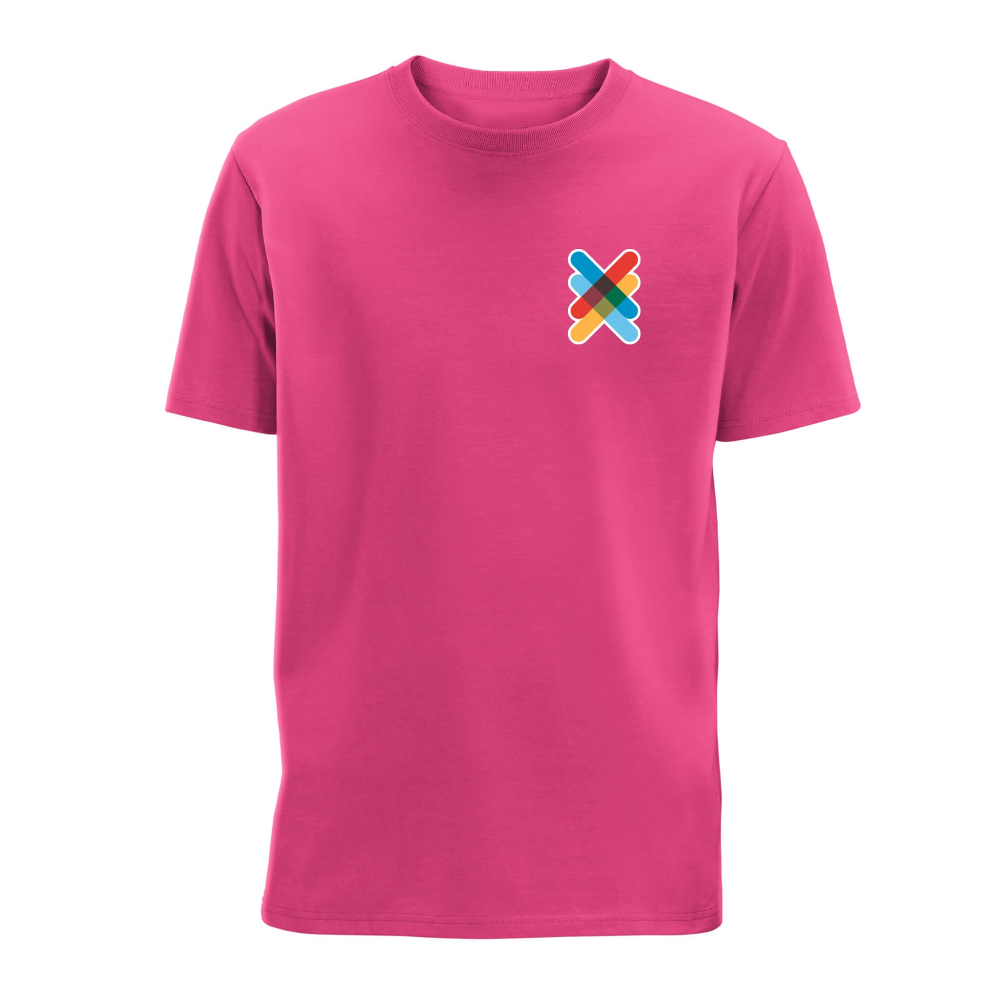 Front view of Fuchsia Kiltwalk Unisex T-Shirt with Kiltwalk symbol on the left chest.