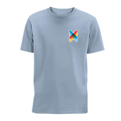 Front view of Mineral Blue Kiltwalk Unisex T-Shirt with Kiltwalk symbol on the left chest.