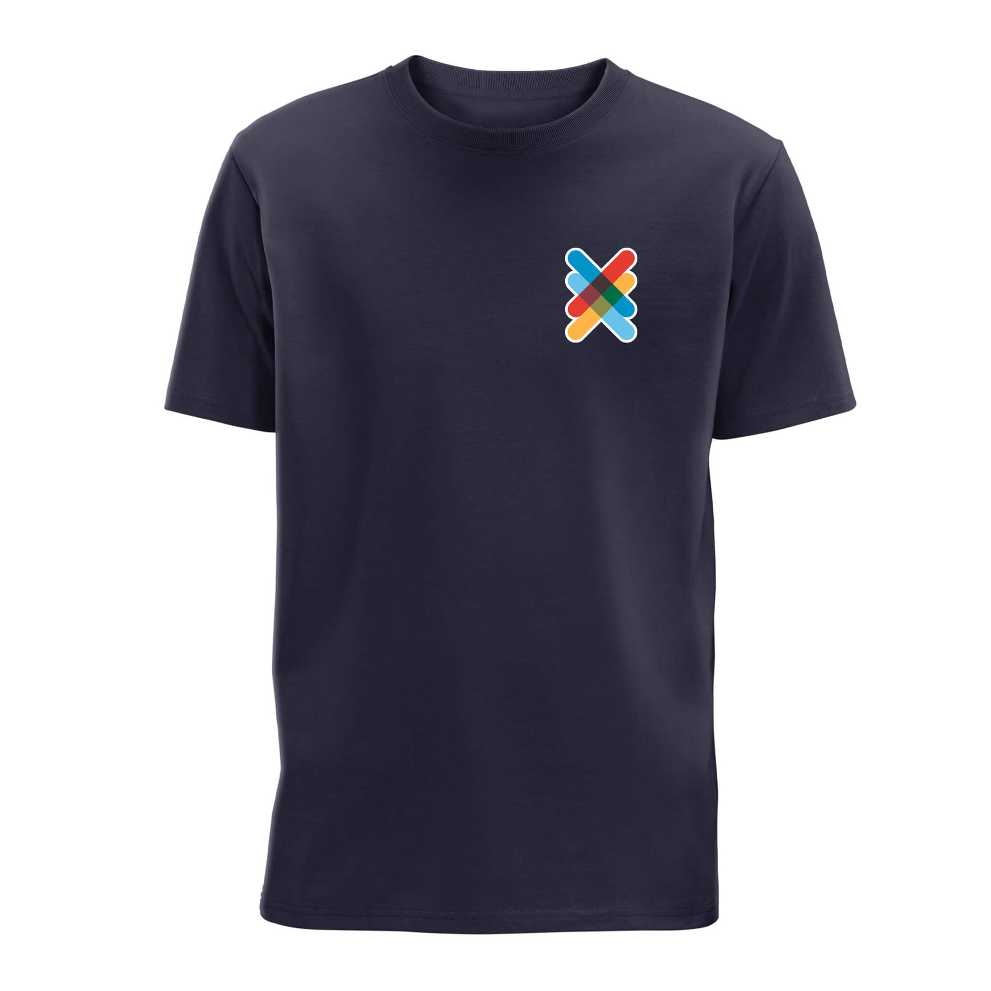 Front view of Navy Kiltwalk Unisex T-Shirt with Kiltwalk symbol on the left chest.