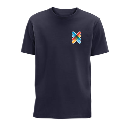 Front view of Navy Kiltwalk Unisex T-Shirt with Kiltwalk symbol on the left chest.