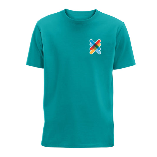 Front view of Ocean Teal Kiltwalk Unisex T-Shirt with Kiltwalk symbol on the left chest.