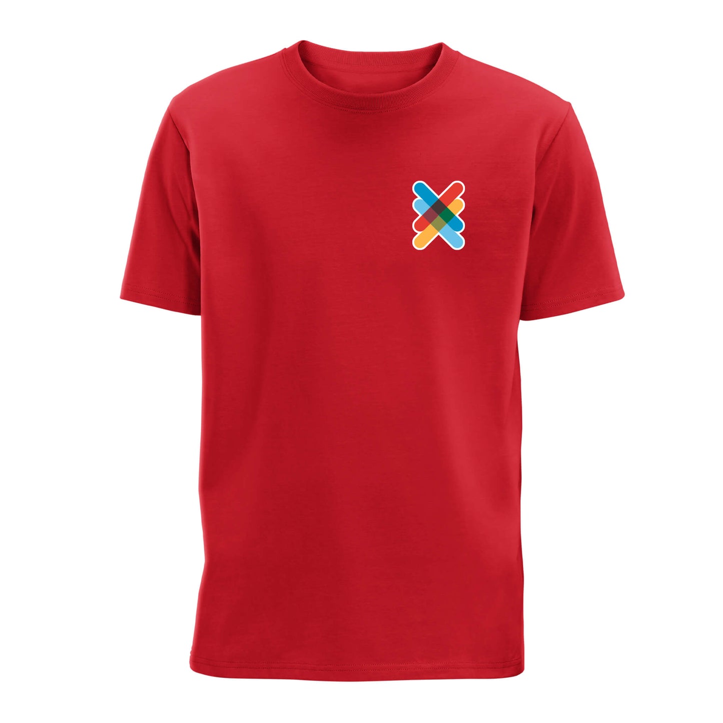Front view of Red Kiltwalk Unisex T-Shirt with Kiltwalk symbol on the left chest.