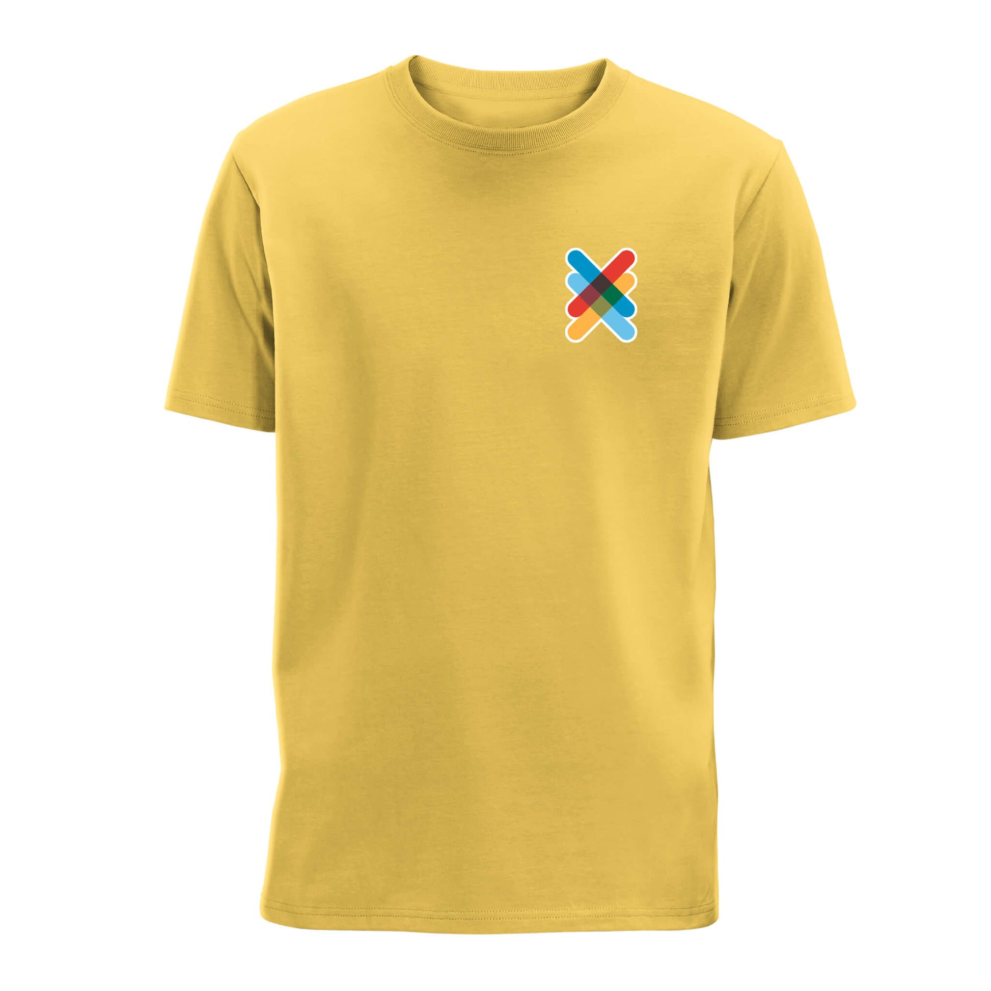 Front view of Sunshine Yellow Kiltwalk Unisex T-Shirt with Kiltwalk symbol on the left chest.