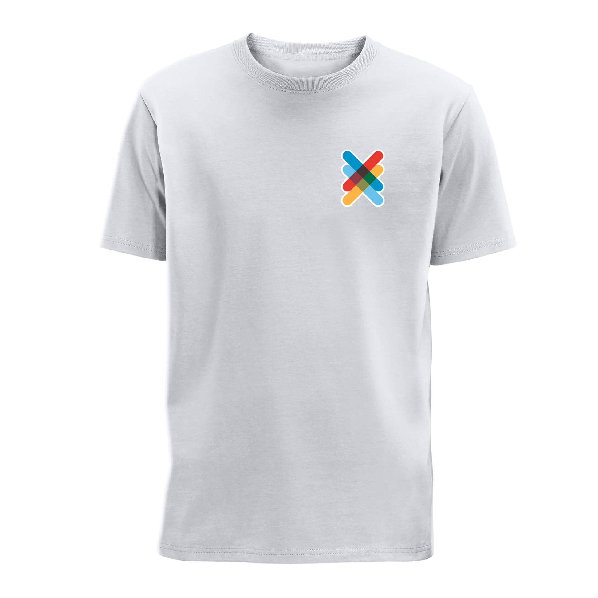Front view of White Kiltwalk Unisex T-Shirt with Kiltwalk symbol on the left chest.